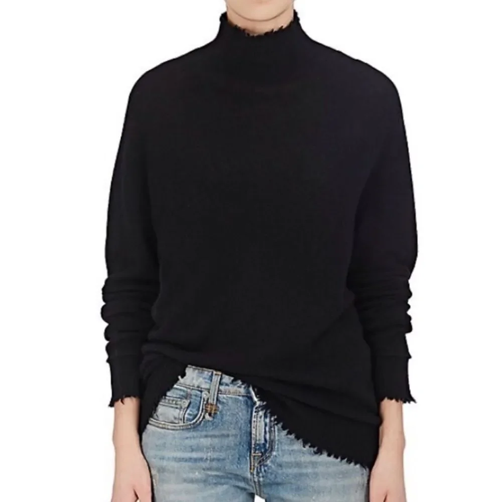 R13 Cashmere Sweater Long Sleeve Mock Neck Distressed Hem Black Size S